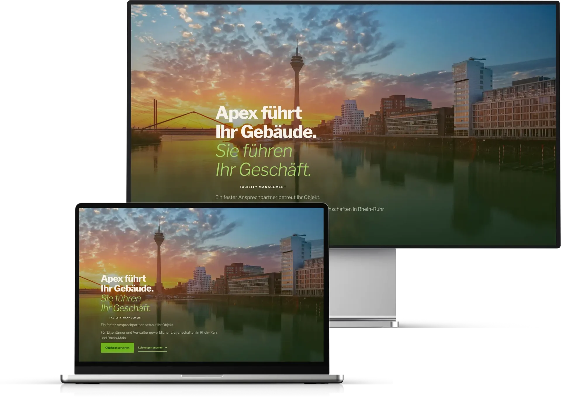 Die Startseite von Apex Multiservice auf einem Studio-Display und einem aufgeklappten Laptop.